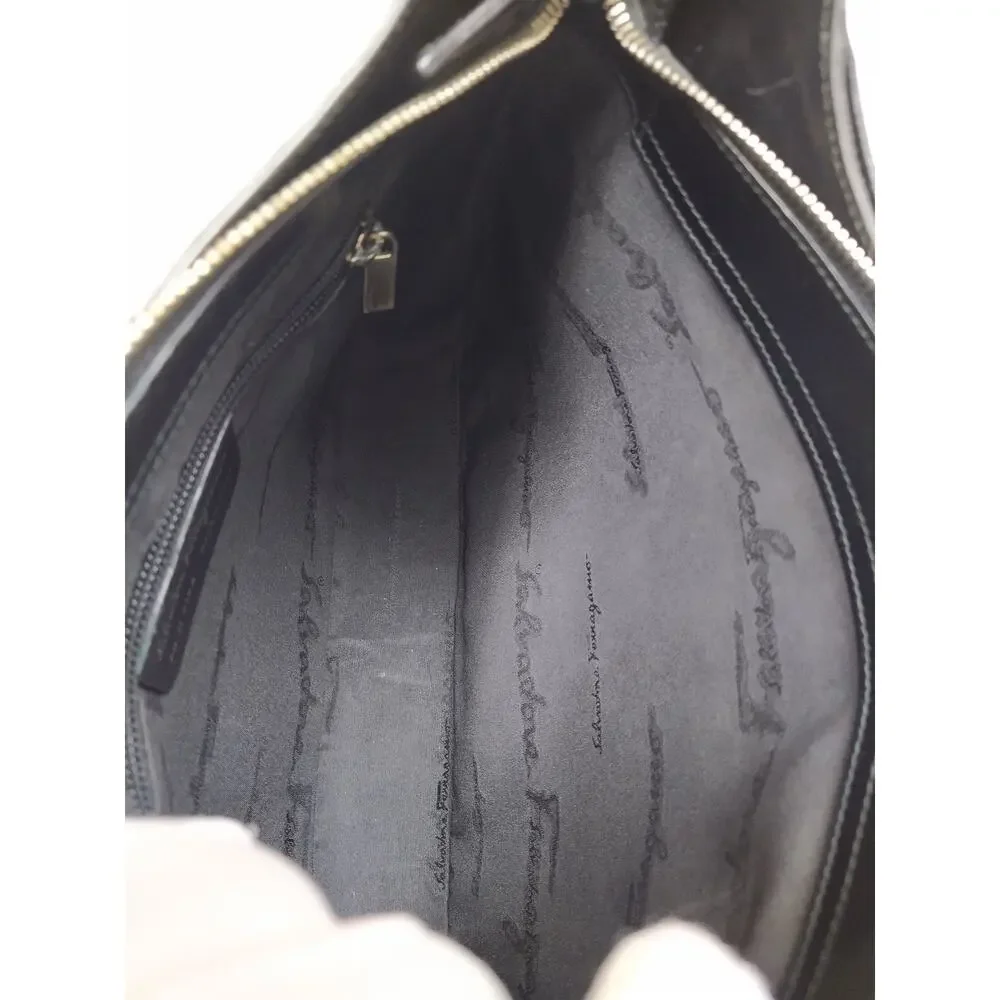 Salvatore Ferragamo Black Patent Leather Zipper Closure Hobo Shoulder Bag